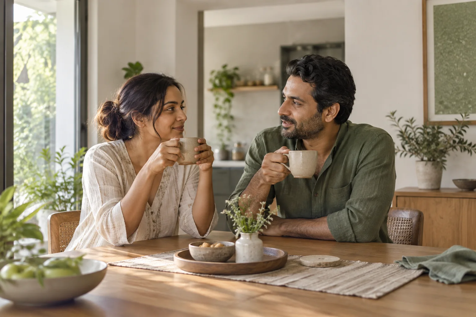 A couple sharing chai at home